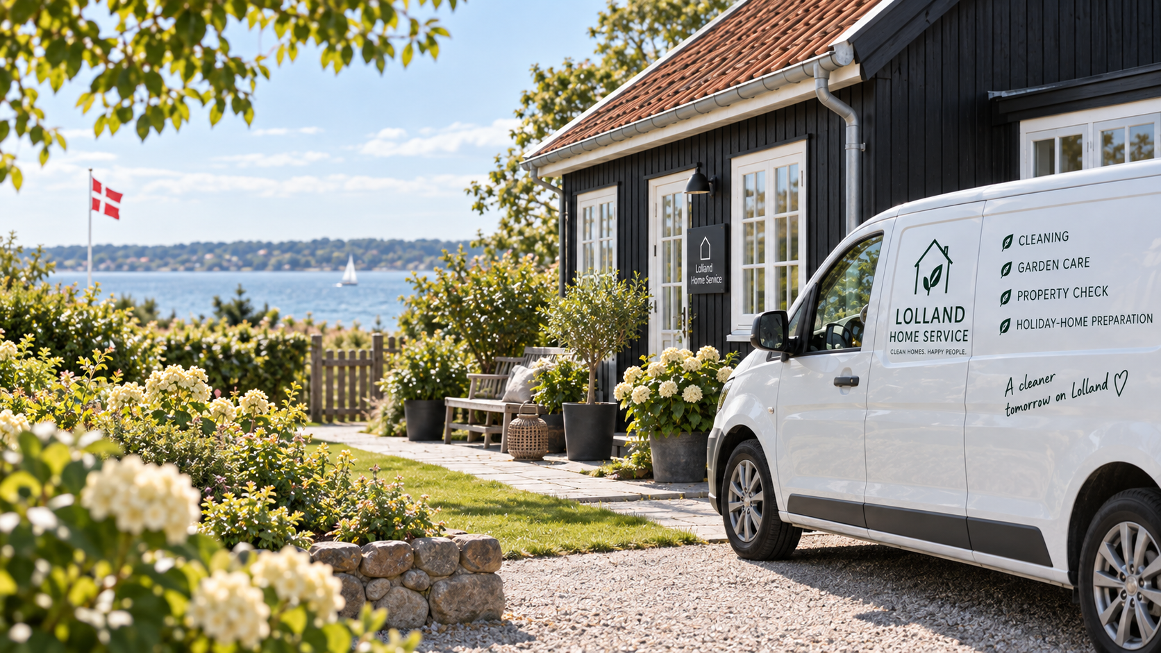 Lolland Home Service van beside a Danish coastal home